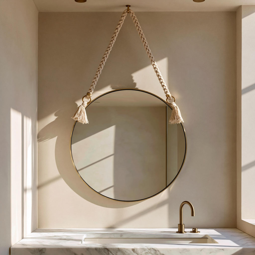 Handmade Moroccan Rope Hanging Mirror, Round Brass Wall Decor