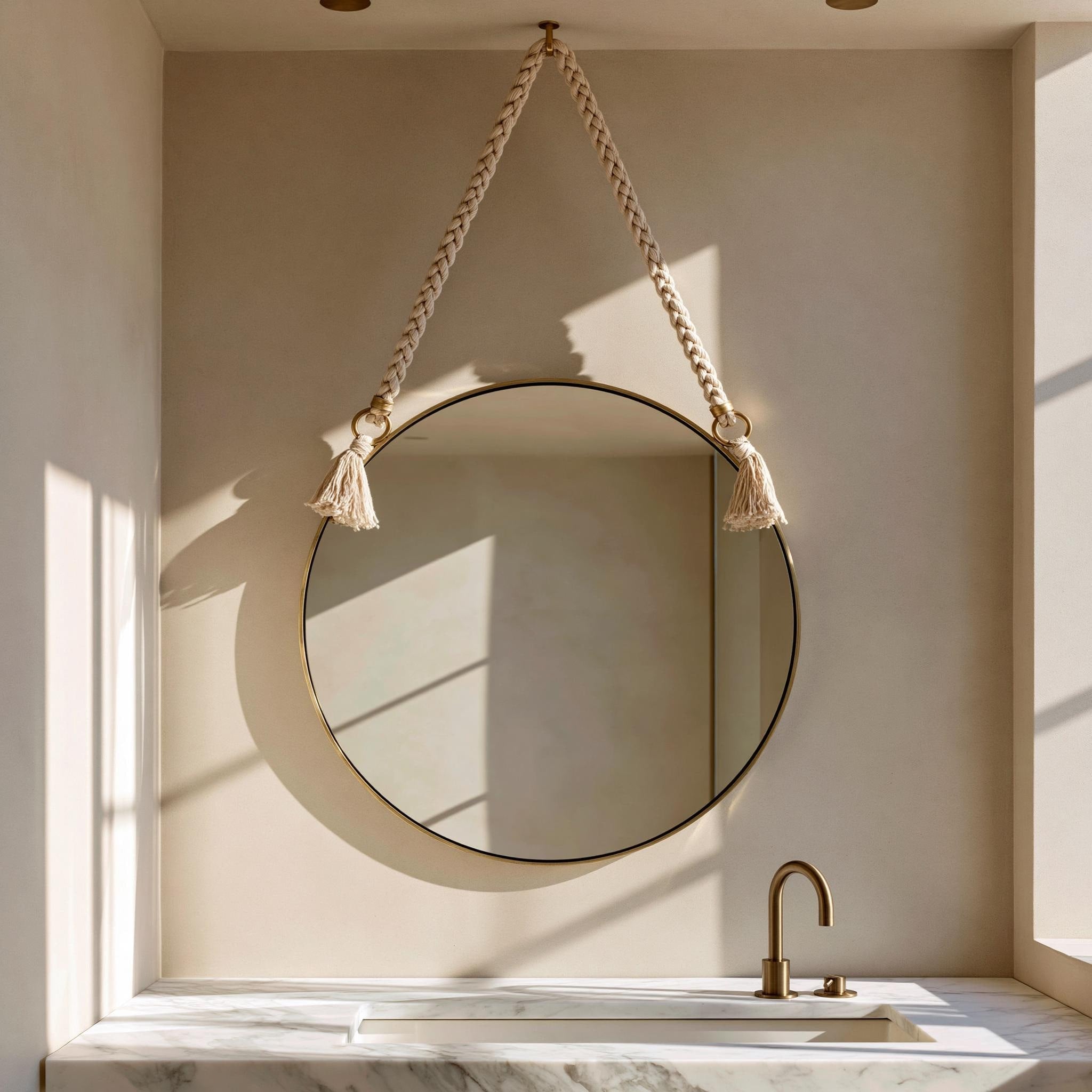 Handmade Moroccan Rope Hanging Mirror, Round Brass Wall Decor