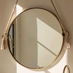 Minimalist Hanging Mirror with Rope, Brass Round Mirror, Boho Bathroom Decor — view 3