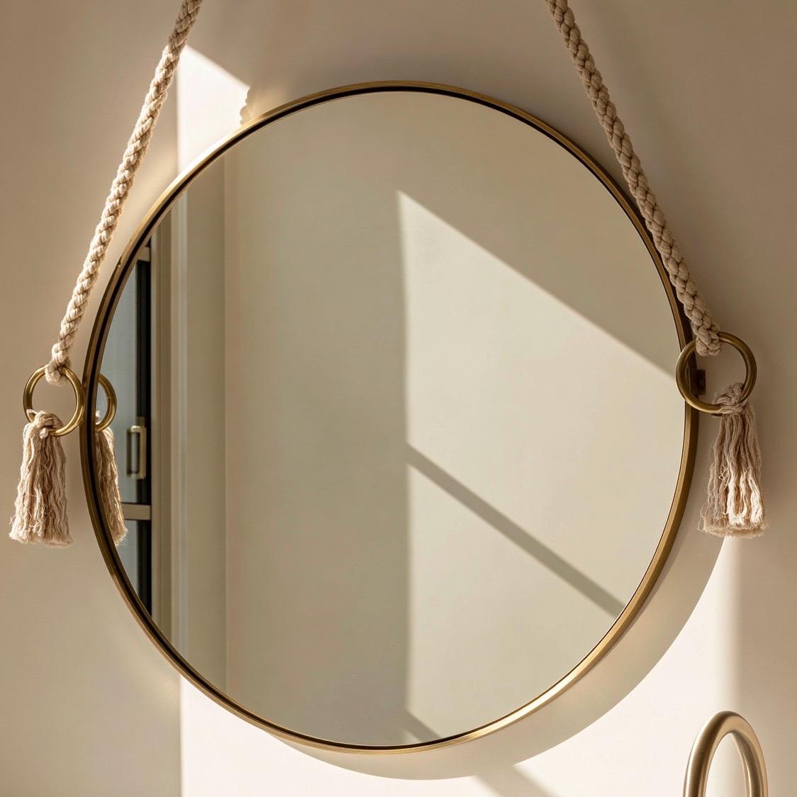 Minimalist Hanging Mirror with Rope, Brass Round Mirror, Boho Bathroom Decor — view 3