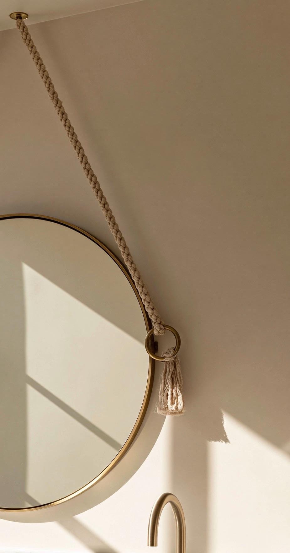 Minimalist Hanging Mirror with Rope, Brass Round Mirror, Boho Bathroom Decor — view 6