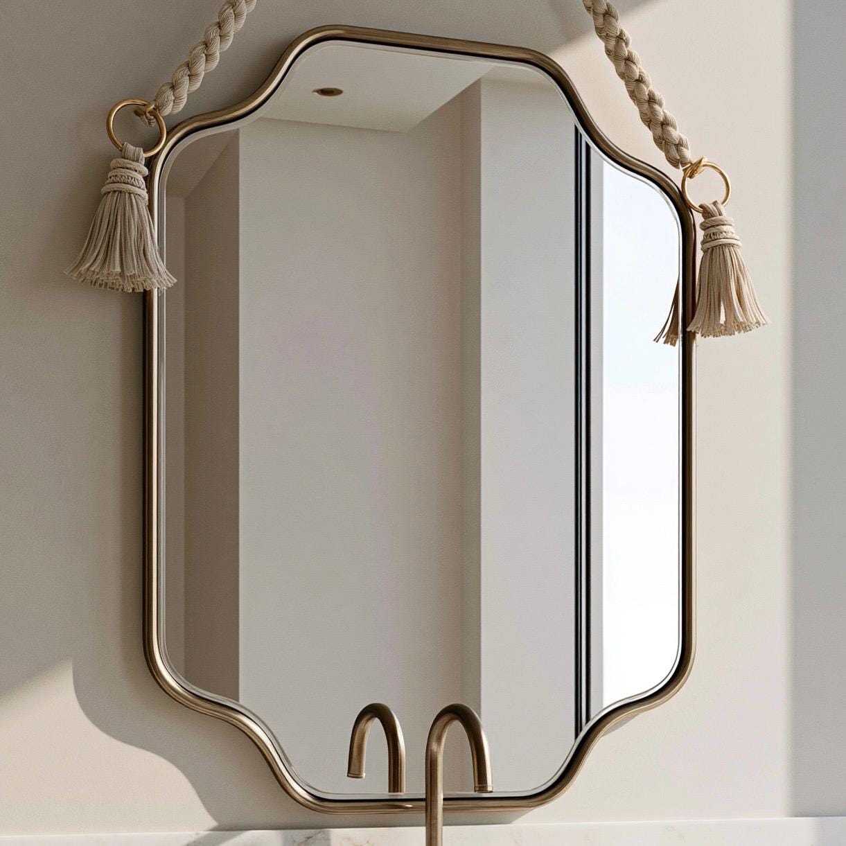 Handmade Moroccan Rope Hanging Mirror, Italian Brass Frame, Elegant Wall Decor — view 3