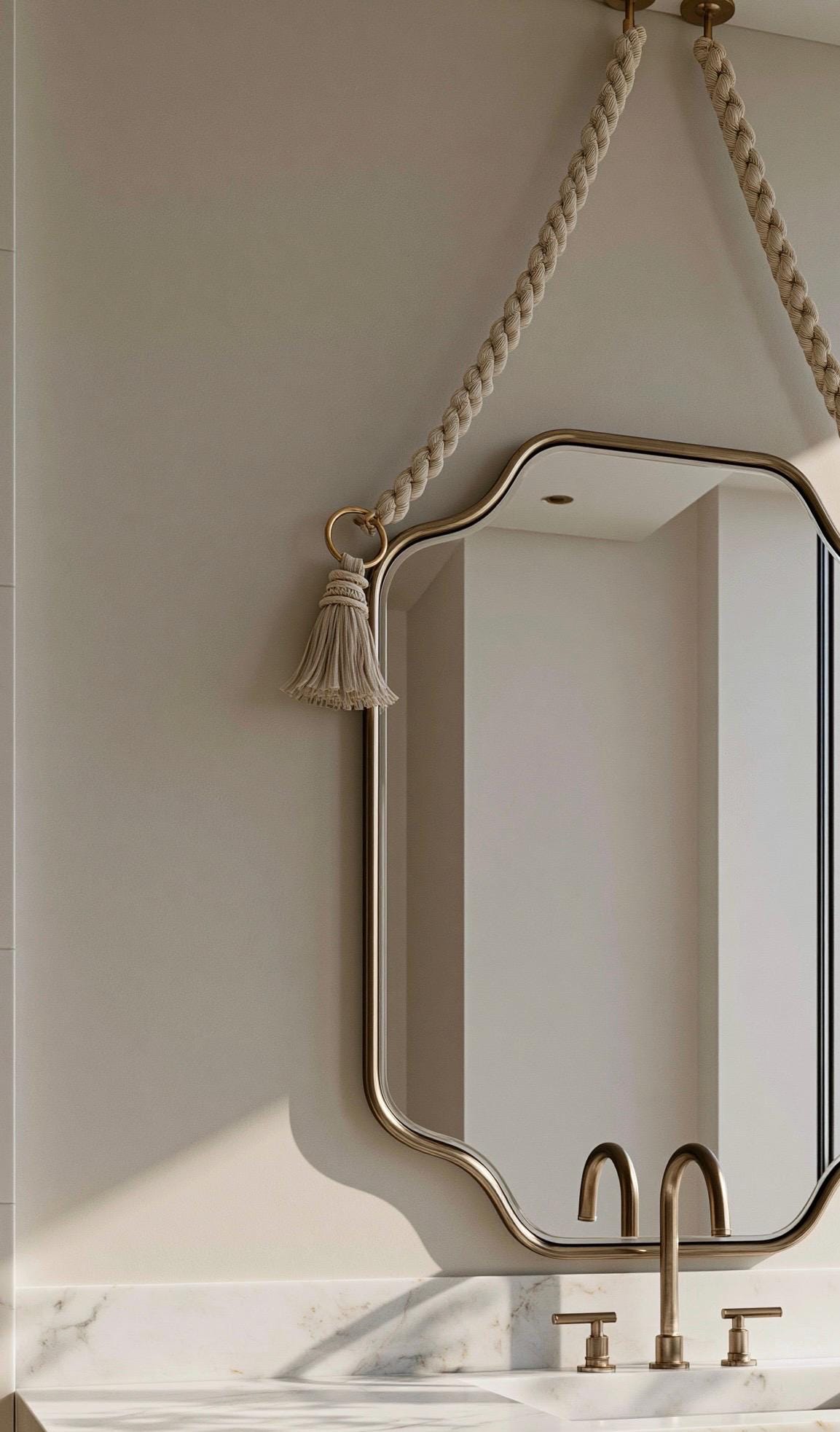 Handmade Moroccan Rope Hanging Mirror, Italian Brass Frame, Elegant Wall Decor — view 5