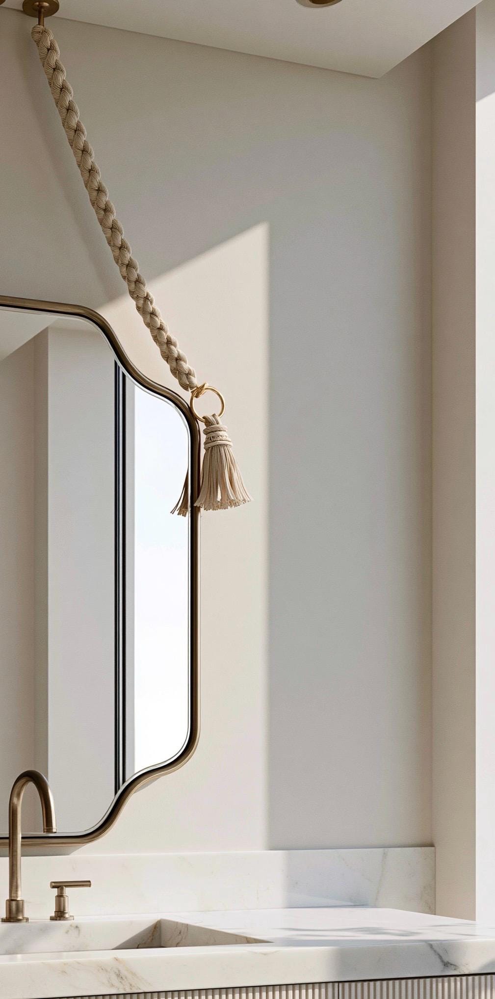 Handmade Moroccan Rope Hanging Mirror, Italian Brass Frame, Elegant Wall Decor — view 7