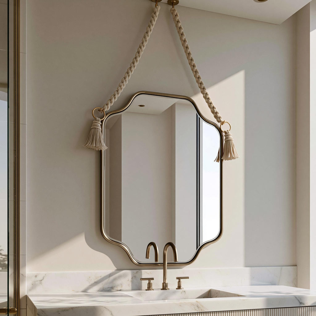 Handmade Moroccan Rope Hanging Mirror, Italian Brass Frame, Elegant Wall Decor