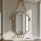 Handmade Moroccan Rope Hanging Mirror, Italian Brass Frame, Elegant Wall Decor