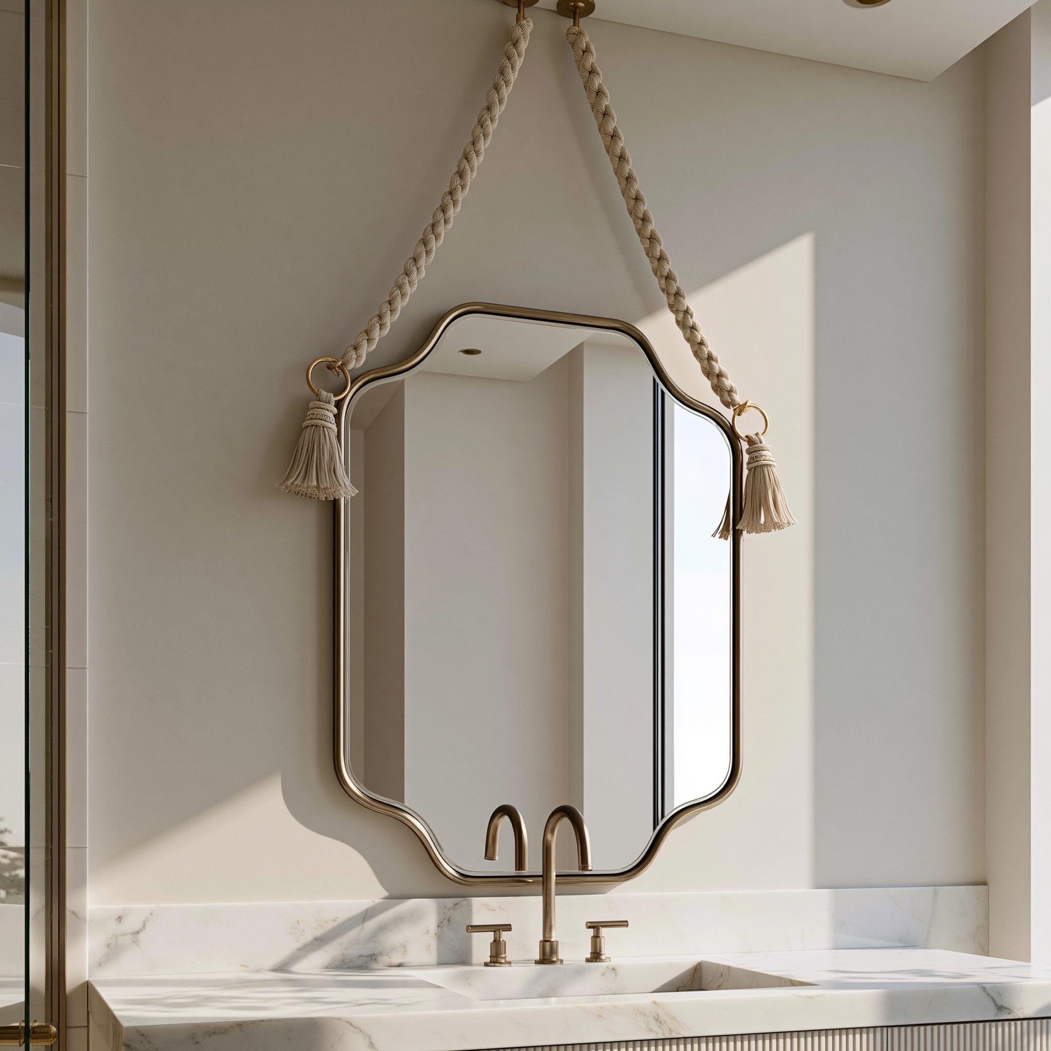 Handmade Moroccan Rope Hanging Mirror, Italian Brass Frame, Elegant Wall Decor