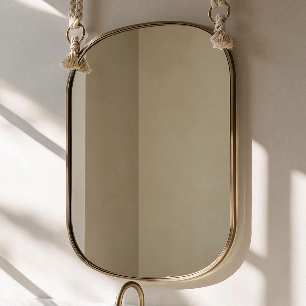 Custom Oval Brass Mirror, Hanging Rope Mirror, Moroccan Artisan Wall Decor — view 3