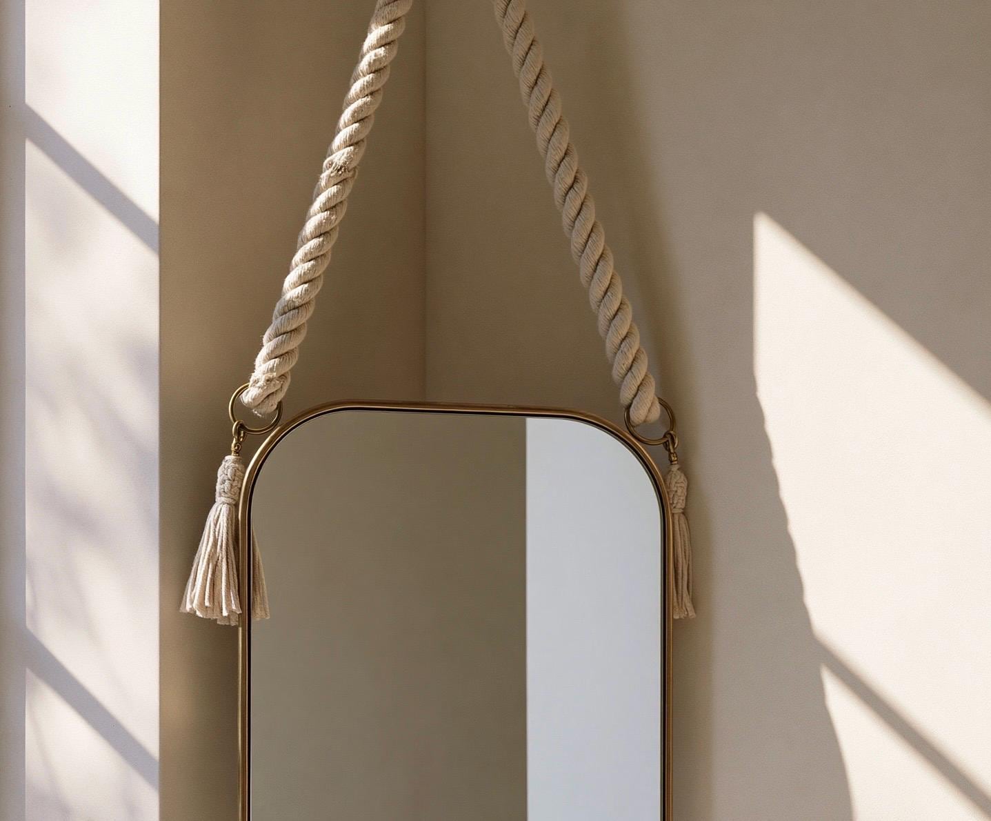 Handmade Brass Round Mirror with Rope, Designer Bathroom Mirror, Luxury Wall Decor — view 5