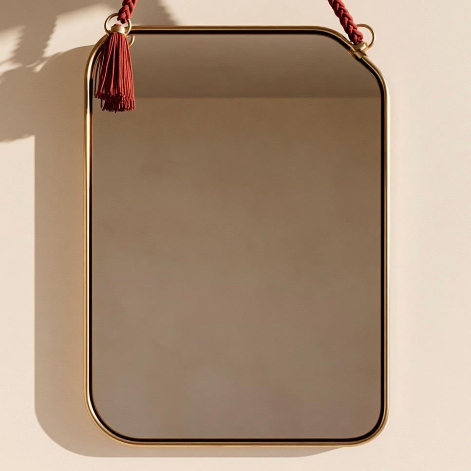 Brass Mirror, Hanging Rope Mirror, Moroccan Artisan Wall Decor — view 8