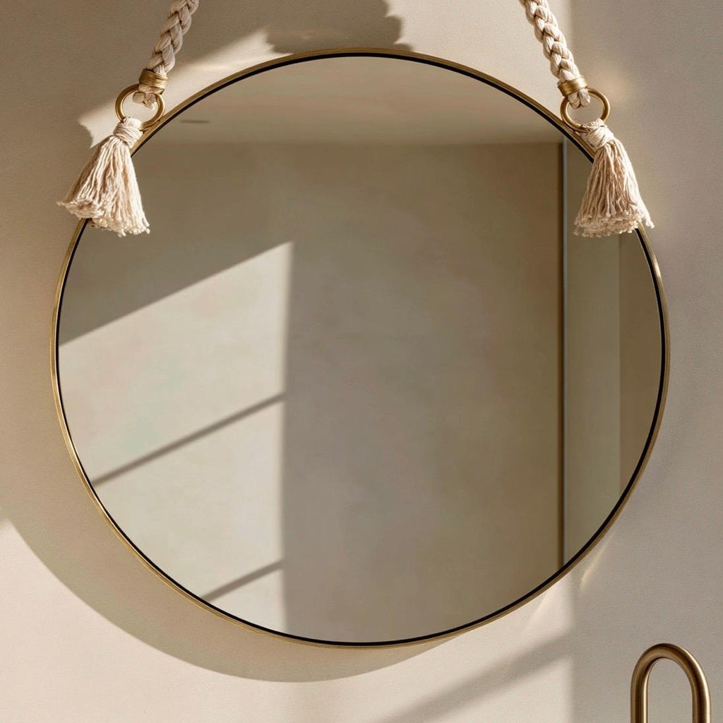 Handmade Moroccan Rope Hanging Mirror, Round Brass Wall Decor — view 3