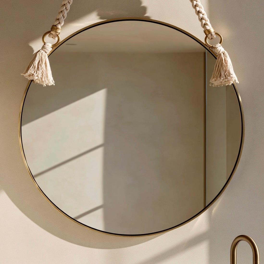 Handmade Moroccan Rope Hanging Mirror, Round Brass Wall Decor — view 3
