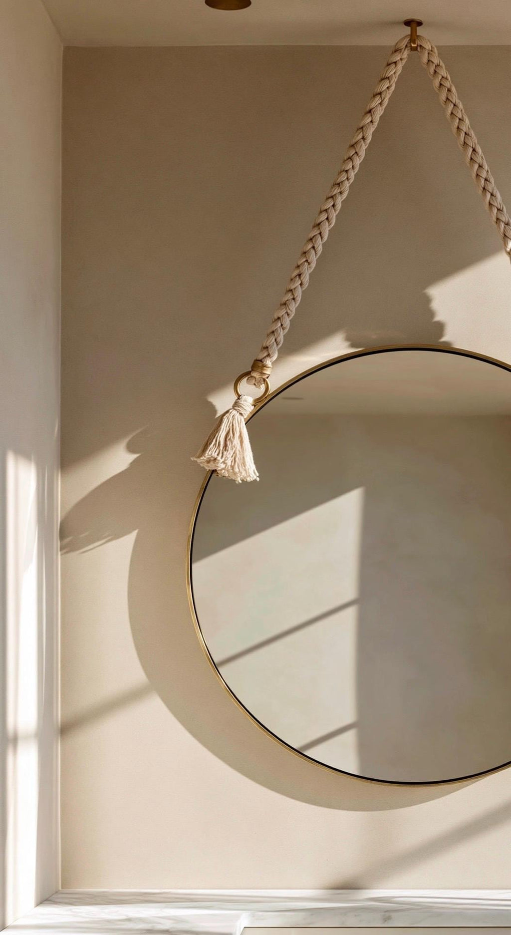 Handmade Moroccan Rope Hanging Mirror, Round Brass Wall Decor — view 5