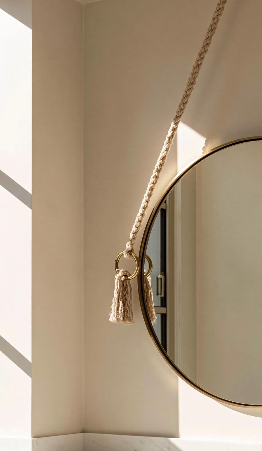 Minimalist Hanging Mirror with Rope, Brass Round Mirror, Boho Bathroom Decor — view 5