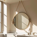 Minimalist Hanging Mirror with Rope, Brass Round Mirror, Boho Bathroom Decor