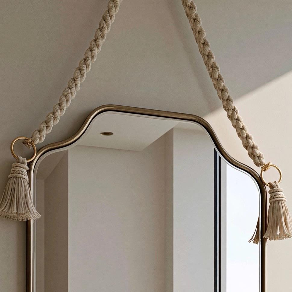 Handmade Moroccan Rope Hanging Mirror, Italian Brass Frame, Elegant Wall Decor — view 4
