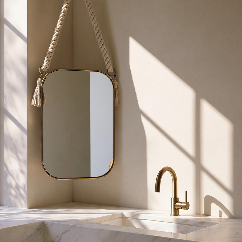 Handmade Brass Round Mirror with Rope, Designer Bathroom Mirror, Luxury Wall Decor