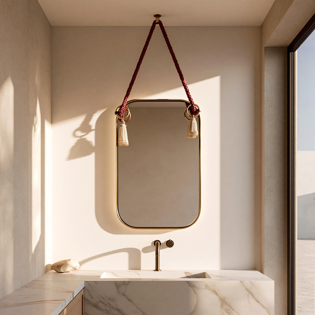 Brass Round Mirror with Rope, Designer Bathroom Mirror, Luxury Wall Decor